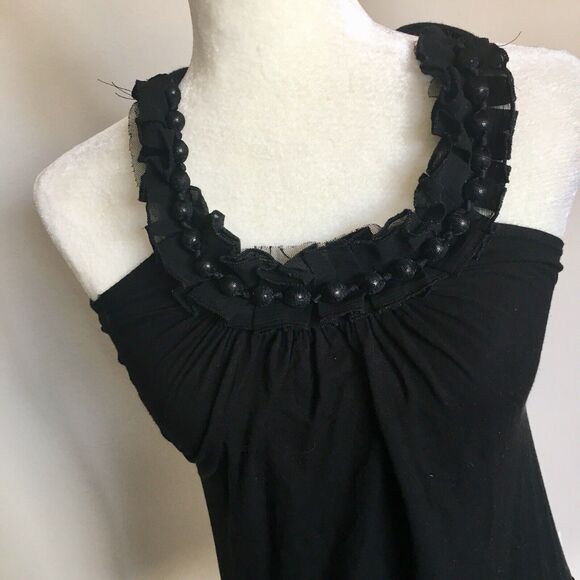 B Sharp USA Sz Small Black Loose Tank Top Blouse Ruffle Beaded Halter Neck - Picture 11 of 12